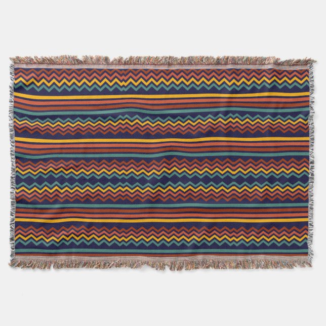 70-tals Retro Navy & Senap Boho Chevron Ränder Filt (Framsidan)