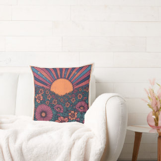 70-tals Retro Solskens Blomsterfältsdesign Kudde
