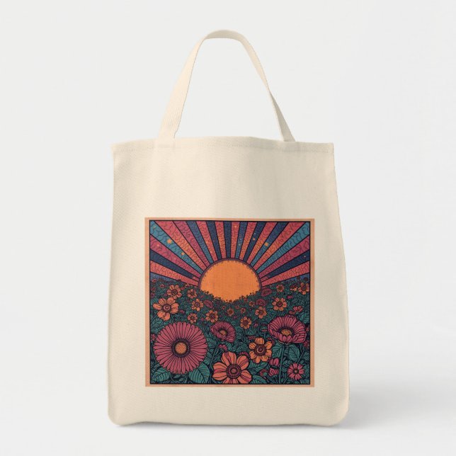 70-tals Retro Solskens Blomsterfältsdesign Tygkasse (Framsidan)