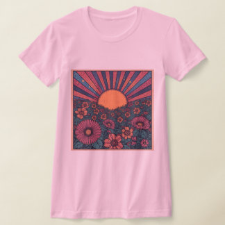 70-tals Retro Soluppgång Blomsterfält Design T-shi T Shirt