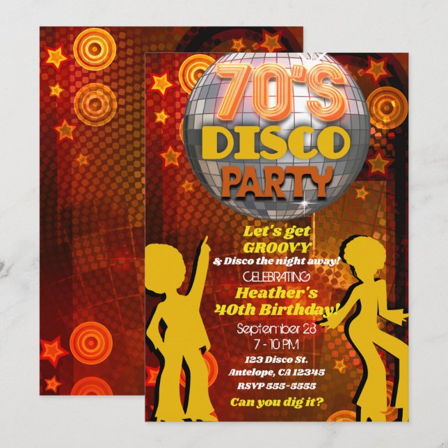 70-tals sjuttiotals orange disco dans födelsedagsf inbjudningar (Fram/baksida)