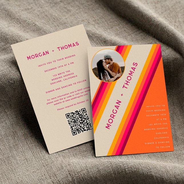 70s 80s QR-kod Retro Rosa Orange Gul Bröllop Inbjudningar (Front / Back)