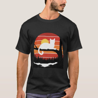 70s 80s Style Cat on Tree Branch Sunset Art T Shirt