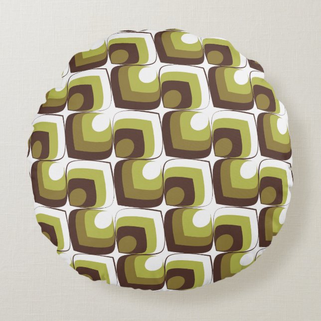 70s Bold Modern Retro Ogee Motif in Greens Rund Kudde (Framsidan)