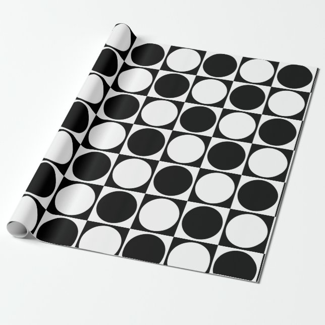 70s Checks and Circles Black and White Presentpapper (Utrullad)