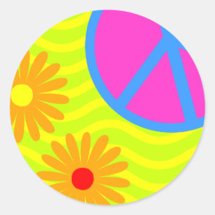 70's Hippie Fredstecken och Flowers Runt Klistermärke