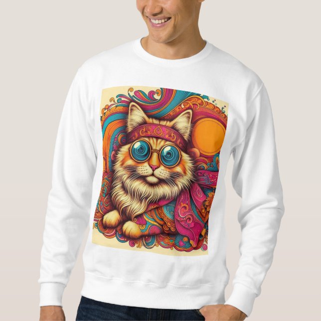 70's psychedelic cat lång ärmad tröja (Framsida)