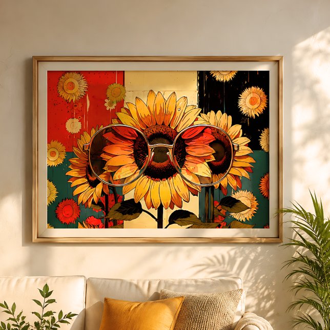 70s Retro Sunflower with Glasses Pop Art Poster (This image shows the product with a frame attached; the frame is not included.)