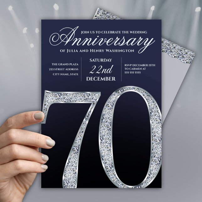 70th Anniversary Diamond Silver Navy Blue Modern Inbjudningar (Skapare uppladdad)