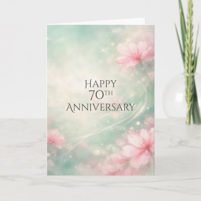 70th Anniversary Dreamy Flowers On Mint Green  Kort (Framsida)