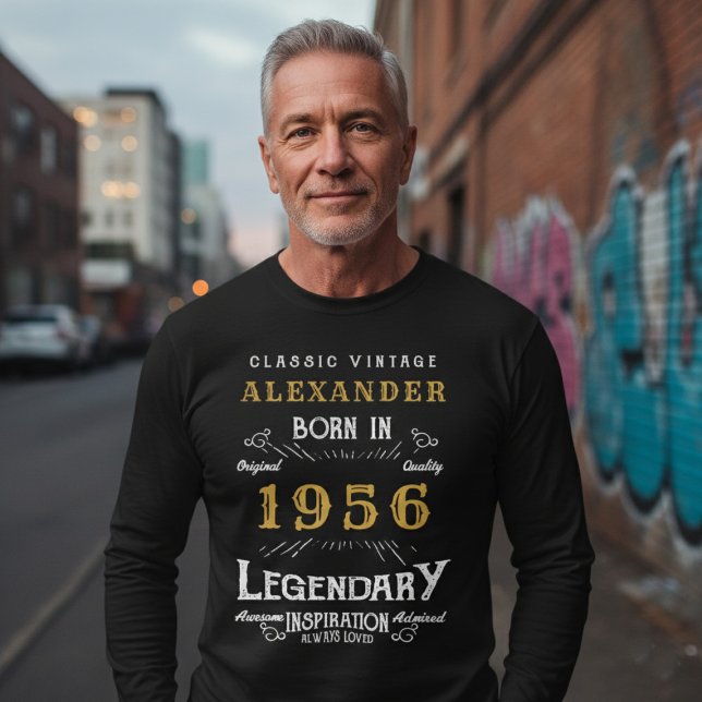70th Birthday 1956 Add Name Black Gold Legendary T Shirt (Born 1956 birthday long sleeve t-shirt. Background out of focus.)