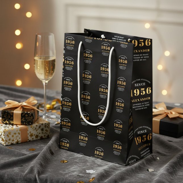 70th Birthday 1956 Black Gold Chic Elegant (Born 1956 birthday gift bag. Background out of focus.)