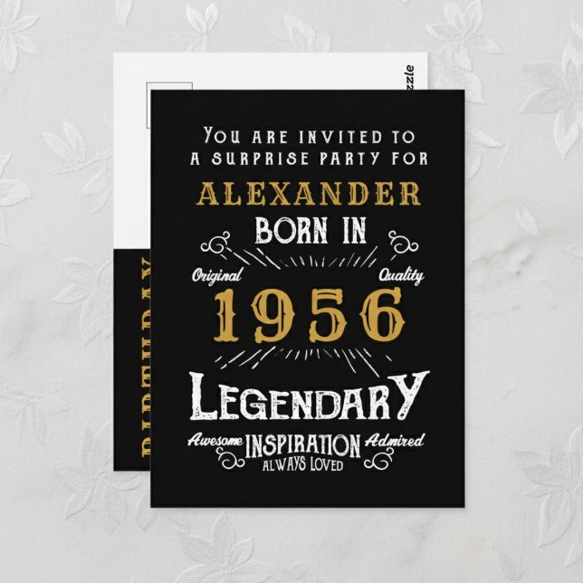 70th Birthday 1956 Black Gold Legend Invitation Vykort (1956 birthday invitation postcard. Background white lace.)
