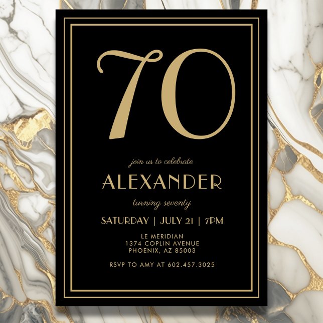 70th Birthday Black and Gold Modern Minimal Adult Inbjudningar (Elegant black and gold 70th birthday invitation design for him or her.)