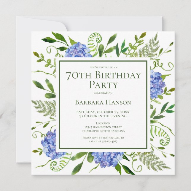 70th Birthday Blue Hydrangeas Card Request  Inbjudningar (Framsida)