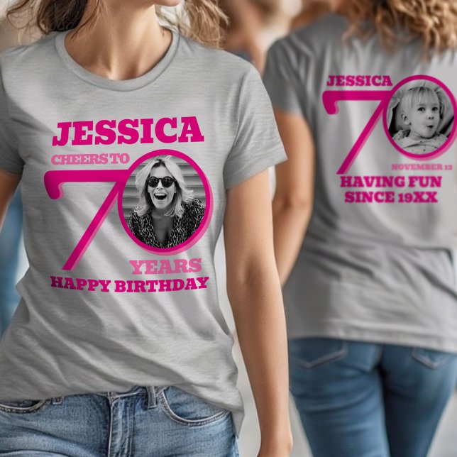 70th Birthday doubled sided photo name pink text T Shirt (Skapare uppladdad)
