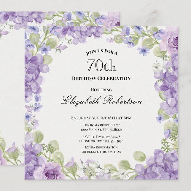 70th Birthday Invitation Elegant Purple Floral Inbjudningar (Skapare uppladdad)