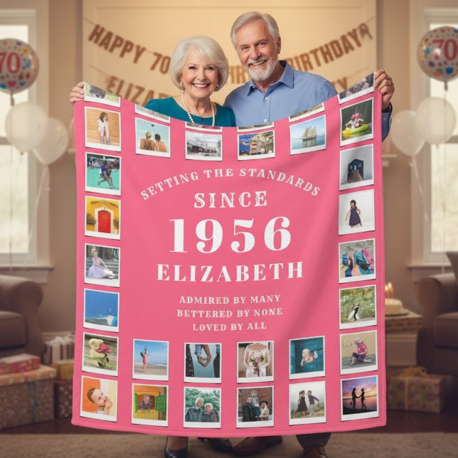 70th Birthday Mother Family Photo collage Pink Fleecefilt (Born 1956 pink fleece blanket held by a couple.)