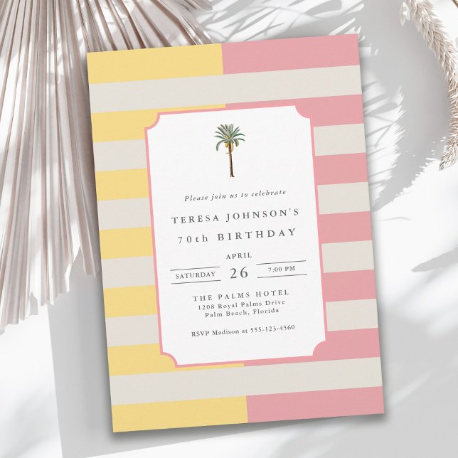70th Birthday Palm Beach Pastel Stripe Tropical Inbjudningar (Skapare uppladdad)