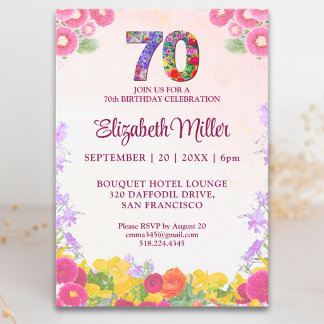 70th Birthday Party Floral Elegant Pink Design Inbjudningar