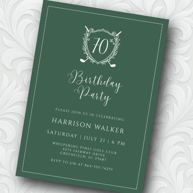 70th Birthday Party Golf Crest Elegant Script Sage Inbjudningar (Script font adds just the right touch of elegance. )