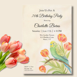 70th Birthday Party Parakeet with Tulips  Inbjudningar