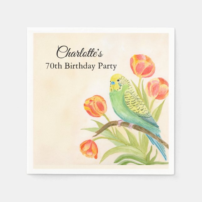 70th Birthday Party Parakeet with Tulips  Pappersservett (Framsidan)