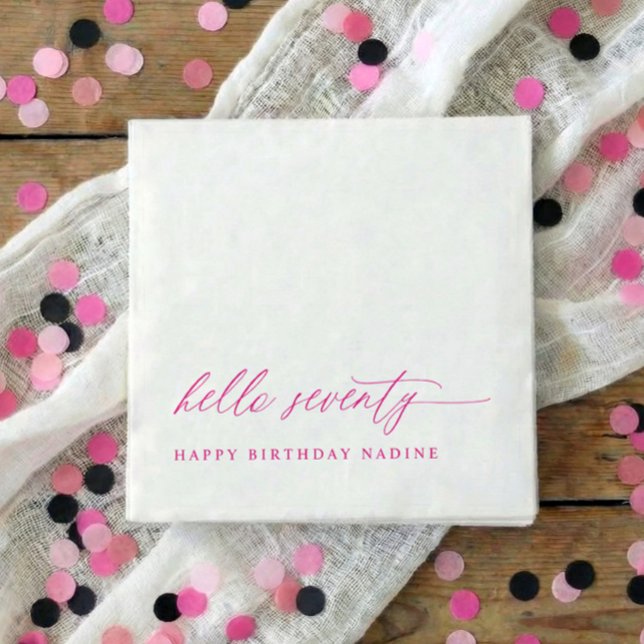 70th Birthday Party Pink Hello 70 Modern Elegant Pappersservett (Pink hello 70 modern script 70th birthday party napkins)