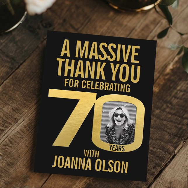 70th birthday photo black and gold  tack kort (Skapare uppladdad)