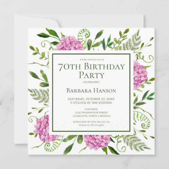 70th Birthday Pink Hydrangeas Card Request  Inbjudningar (Framsida)