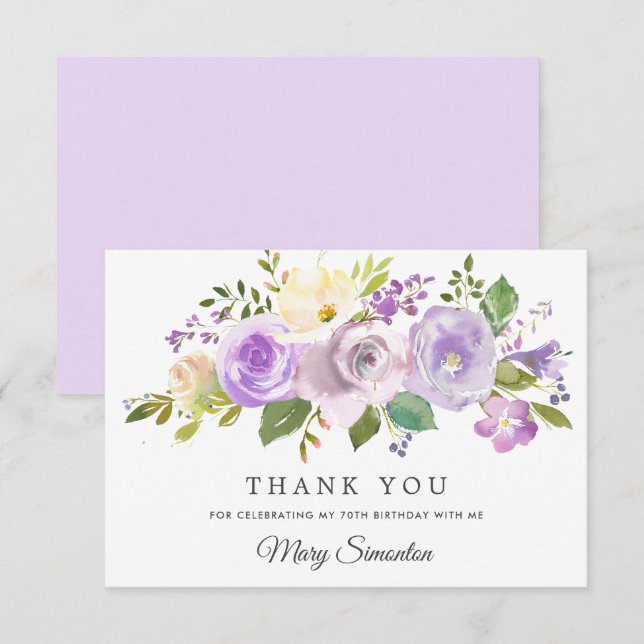 70th Birthday Purple Rose Floral Flat Thank You Anteckningskort (Fram/baksida)