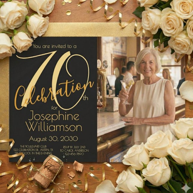 70th Celebration Photo Black Gold 70th Birthday Inbjudningar (Skapare uppladdad)