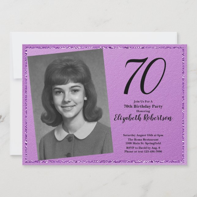 70th Custom Photo Purple and Black Inbjudningar (Framsida)
