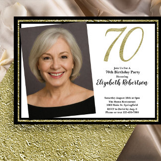 70th Custom Photo White Black and Gold  Inbjudningar