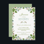 70th Födelsedaginbjudan, liten sjuttionde vintage Inbjudningar<br><div class="desc">Denna 3, 5" x 5" (den små) 70th födelsedaginbjudan är en vintagestil som är inspirerad vid en vykort från de tidiga 1900sna. Det presenterar en ram av grönt, blått, och rosaklöver blommar. Baksidaen har en kompletterande grön bakgrund med ett vitquatrefoilmönster som kan ändras eller tas bort. Texten kan skräddarsy till...</div>