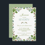 70th Födelsedaginbjudan, liten sjuttionde vintage Inbjudningar<br><div class="desc">Denna 3, 5" x 5" (den små) 70th födelsedaginbjudan är en vintagestil som är inspirerad vid en vykort från de tidiga 1900sna. Det presenterar en ram av grönt, blått, och rosaklöver blommar. Baksidaen har en kompletterande grön bakgrund med ett vitquatrefoilmönster som kan ändras eller tas bort. Texten kan skräddarsy till...</div>