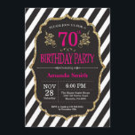 70th Födelsedaginbjudan. Svart och guld- glitter Inbjudningar<br><div class="desc">70th Födelsedaginbjudan för kvinnor. Svart och guld- födelsedagsfestinbjudan för rosor. Guld- glitter. Rosa blom- blomma. Svartvita randar. Tryckbara Digital. Behaga klickar "skräddarsy den" knäppas och använder vårt designverktyg för att ändra denna mall för mer ytterligare customization.</div>