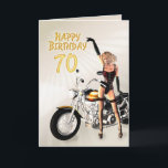 70th Födelsedagkort med en motorbikeflicka Kort<br><div class="desc">En flicka med en motorcykel som pekar på grattis på födelsedagenmeddelandet. Ett underbart kort för manen som älskar hans cyklar!</div>