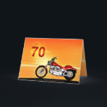 70th födelsedagmotorcykelsolnedgång kort<br><div class="desc">En motorbike som är liknande till ett Harley anseende vid havet med en härlig orange solnedgång. Ett underbart kort för vem som helst som gillar att cykla och motorcyklar. Se helheten spänna av kort för åldrar och förhållanden i mitt lager. Allt konstverk tar copyrightt på Norma Cornes</div>