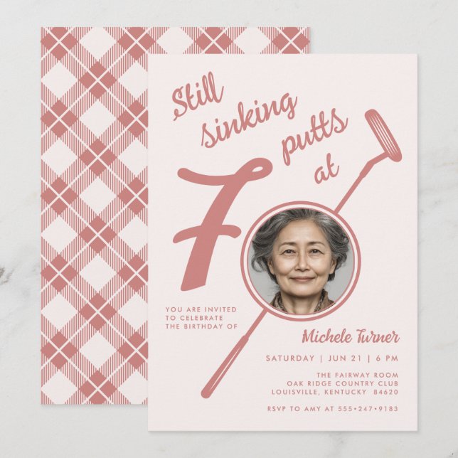 70th Golf Theme Birthday Party Photo Modern Pink Inbjudningar (Fram/baksida)