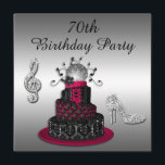 70th Häl för tårta och för gnistra för Inbjudningar<br><div class="desc">Kvinna avbildar svärtar glamorösa svart, silver och shock rosa70th/inbjudningar för firande för födelsedagsfesten för seventieth/sjuttioår gammala med utskrivavna kvinna silver rhinestonesjuvelhögklackar som stiletten skor bilder med sparkles, en härlig utsmyckad shock rosa och flickaktigt divatårtan med boll för spegeln för det skraj silverdiskot retro/glitterboll, blommor, bling diamanter, och chickorsetttien och söten...</div>