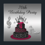 70th Häl för tårta och för gnistra för Inbjudningar<br><div class="desc">Kvinna avbildar svärtar glamorösa svart, silver och shock rosa70th/inbjudningar för firande för födelsedagsfesten för seventieth/sjuttioår gammala med utskrivavna kvinna silver rhinestonesjuvelhögklackar som stiletten skor bilder med sparkles, en härlig utsmyckad shock rosa och flickaktigt divatårtan med boll för spegeln för det skraj silverdiskot retro/glitterboll, blommor, bling diamanter, och chickorsetttien och söten...</div>