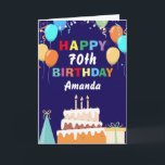 70th Happy Birthday Balloons Cake Navy Blue Kort<br><div class="desc">70th Happy Birthday Colorful Balloons Cake Navy Blue with personalized name. For further customization,  please click the "Customize it" button and use our design tool to modify this template.</div>