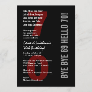 70th Modern Birthday Black Silver White Red W1789 Inbjudningar