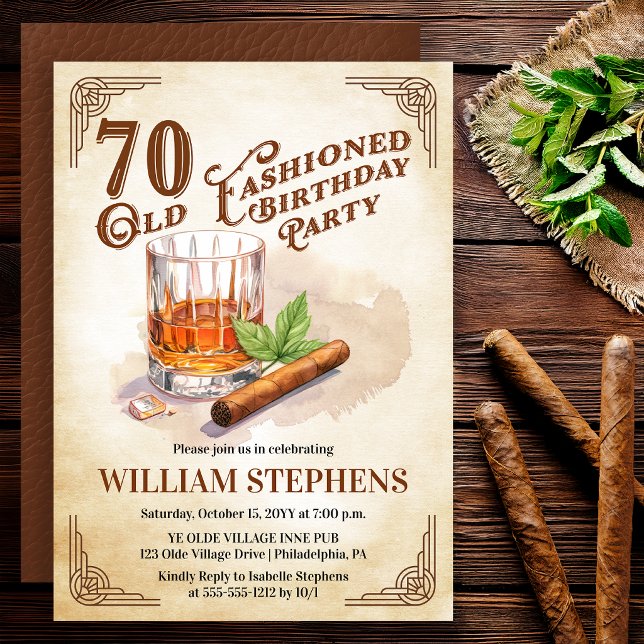 70th Old Fashioned Whiskey Cigar Birthday Party Inbjudningar (Old Fashioned whiskey 70th birthday invitation with vintage masculine style)