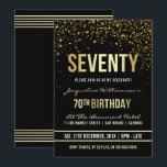 70th Skimrande guld- konfettiar för Inbjudningar<br><div class="desc">Denna formella, eleganta, moderiktiga moderna sjuttionde födelsedagsfest inbjudan är passande för manar eller kvinnor. Den består av guld- ren linjer, det gotiska stilfulla övre-fodral skrivar, och sofistikerat fixat fauxguld omkullkastar text på en svart bakgrund med duschar av sparkling skimrande guld- konfetti och partybanderoller. Texten har varit designad att vara så...</div>