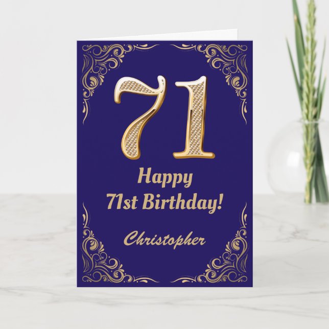 71:a födelsedag Blått och Guld Glitter Ram Kort (Framsida)