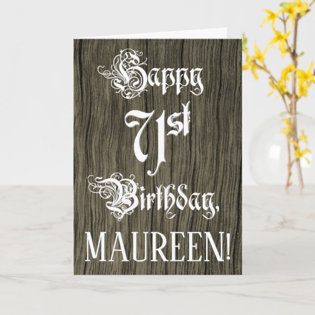 71:a födelsedag: Finare, Elegant Text; Faux Wood l Kort (Gul blomma)