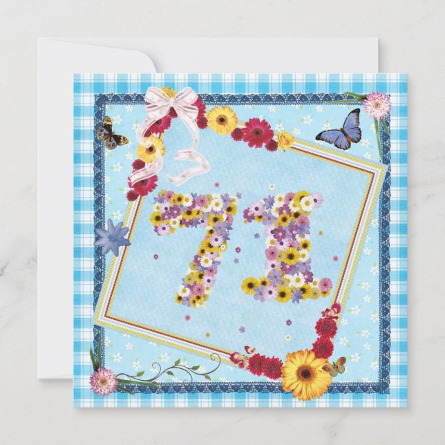 71:a Födelsedagsfest inbjudan-blommor,fjärilar Inbjudningar (Framsida)