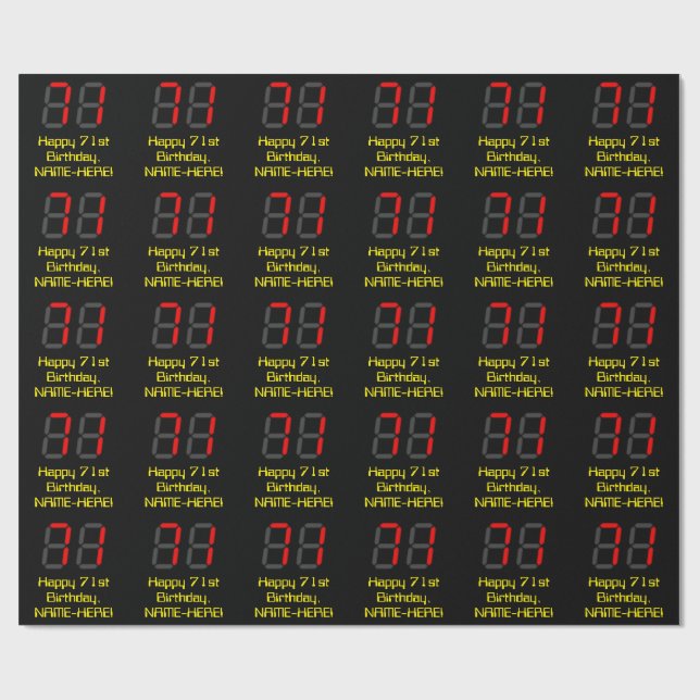 71-årsdag: Röd digital klockstil "71" + Namn Presentpapper (Platt)